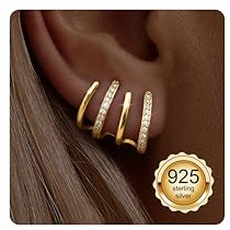 Adramata Pendientes Mujer Plata de Ley 925 - Chapada en Oro de 14K Pendientes Doble Aro con Cadena, Hipoalergénico Cuff Pendiente 4 Prong Wrap Piercing Joyería