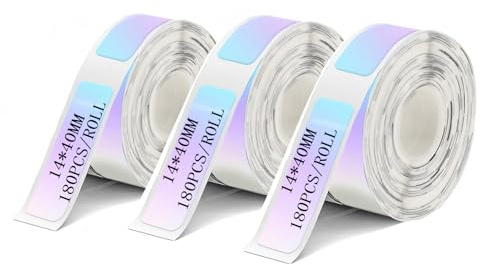 3 rullar genomskinligt, flerfärgat holografiskt termopapper för etiketter, 14 x 40 mm, lämpligt för utskrift av streckkoder, perfekt för hemmet, skolan, kontoret etc. (180 etiketter per rulle)