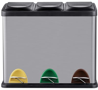 Cubo de Basura Relaxdays, 3 Compartimentos, 24 l, con Pedal, Separador para Cocina, 39,5 x 46 x 26,5 cm, Acero, Plateado
