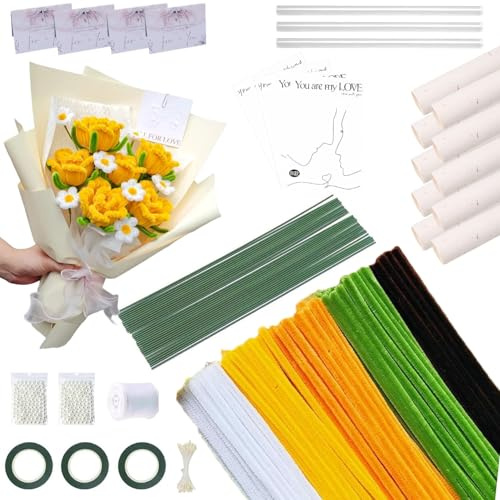 Ptyism 500 Pezzi Pipe Cleaner Flowers Set（ Biglietti di Auguri e Carta da Regalo in Omaggio ecc）Giallo 5 Colori，Pfeifenreiniger Blumen Set丨Set di Fiori con Scovolini per DIY Decorazione