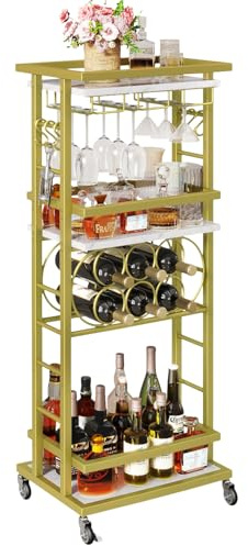 IBUYKE Portabottiglie da Terra con Ruote,Carrello da bar a 4 Livelli,Portabottiglie per liquori,whisky e vino,Cantina per Bar per Soggiorno,Sala da Pranzo,Bianco TMJ912G