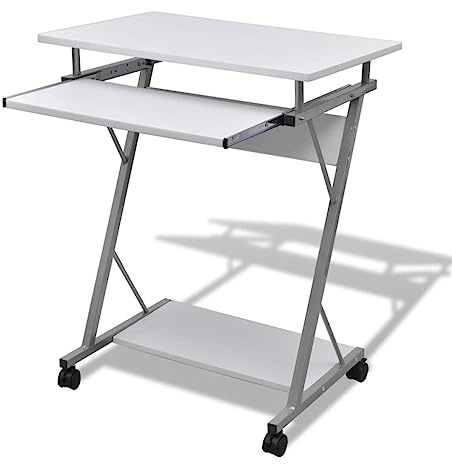 Scrivania per Computer Compatta con Ripiano Estraibile Tastiera e Base per Stampante, Tavolo Lavoro Moderno Design Elegante in Bianco, Struttura Acciaio Resistente e Pannello