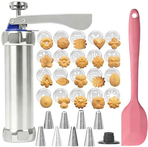 ZXBBTZ Set di Pressa per Biscotti Pistola Biscotto in Acciaio Inox con 20 Stencil 8 Beccucci e 1 Spatola in Silicone Pressa per Pasticceria Macchina per Biscotto per Realizzare Biscotti Fai da Te