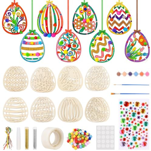 110 piezas Manualidades de Pascua para niños,huevos de Pascua de madera para pintar,decoración de Pascua,con pompones,set de pintura,decoraciones,hilo,pinceles,etc,manualidades de Pascua para niños