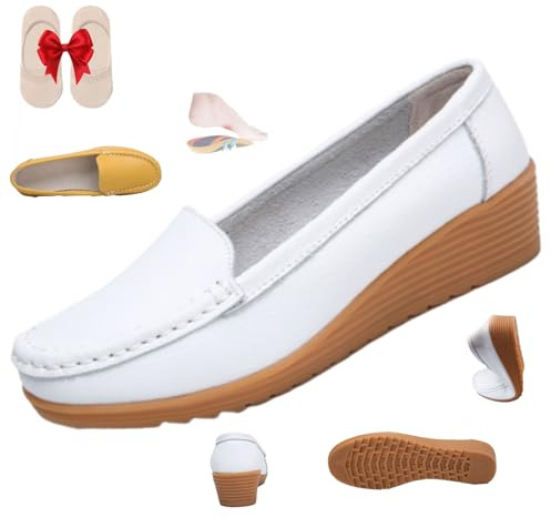 HESYSUAN Mocasines ortopédicos para mujer en cuero transpirable, plataforma ortopédica de cuña, suela suave, mocasines cómodos y antideslizantes
