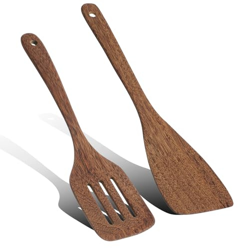 Guduling 2 stycken träspatel, träkoksked, träskrapa panna med långt handtag, värmebeständig och antibakteriell, diskmaskinssäker för kök restaurang (33 8 cm)