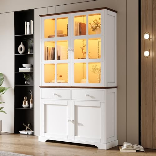 Kebnor Vetrina con 2 cassetti, 4 ante per armadio, vetrina in vetro con LED, 120 cm di larghezza, armadio multifunzione, grande armadio, bianco, 120 x 36,5 x 200 cm
