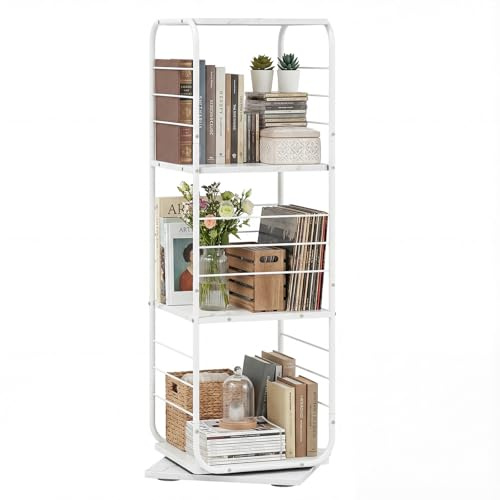 COSTWAY Libreria Girevole a 4 Ripiani, Torretta Libreria Rotante a 360° con Struttura in Metallo, Scaffale d'Angolo Salvaspazio per Casa, Ufficio e Soggiorno, 40x40x115 cm (Bianco)
