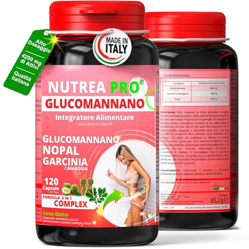 Glucomannano Forte 4200mg di attivi | Formula Completa con Glucomannano, Garcinia Cambogia e Nopal | Supporto pasti principali | Integratore con Fibre Naturali | 120 Capsule Made in Italy NUTREAPRO®