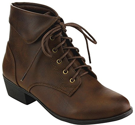 TOP Moda EC89 Women's Foldover Lace Up Low Chunky Heel Ankle Booties (10, Brown)