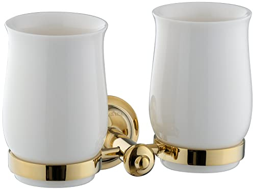PaulGurkes Zahnputzbecher Gold Doppelhalter Antik Retro 2er Zahnputzbecher aus weißer Keramik Retro Design Behälter für Zahnbürsten goldenes Bad Zubehör
