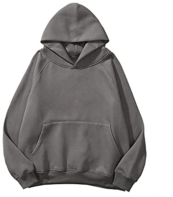 Lauweion Women Solid Basic Fleece Letter Loose Hoodie Sweatshirt Long Sleeve Kangaroo Pocket Drop Shoulder Pullovers Top Dark Grey