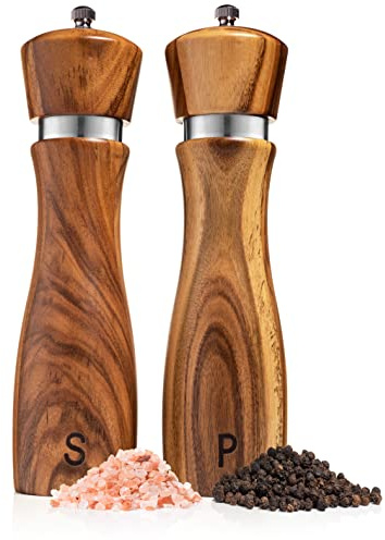 Gennua Kitchen Wooden Salt and Pepper Grinder Set: Refillable Salt & Pepper Mills Adjust for Customized Coarseness, Crafted of Solid Acacia Wood with Ceramic/Stainless Steel Core, 8 Inches Each