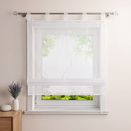Heichkell Raffrollo mit Schlaufen Voile Tranparent Vorhang Bestickt Modern Raffgardine für Küche Wohnzimmer Schlafzimmer Weiß BxH 80x140cm