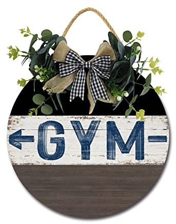 Geroclonup Targa in legno da appendere alla porta d'ingresso per palestra, con divertenti corone da appendere, rotonda, in legno rustico, per portico di casa, 40,5 x 30,5 cm
