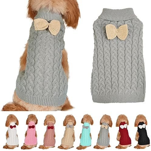 Pull pour Chien Chandail à col roulé avec nœud pour Chien Jumper Chien Chaud Vêtements d'HiverPulllover Tricoté Manteau Chien Noël Costume pour Petit Moyen Grand Chien Chats (Small, Gris)