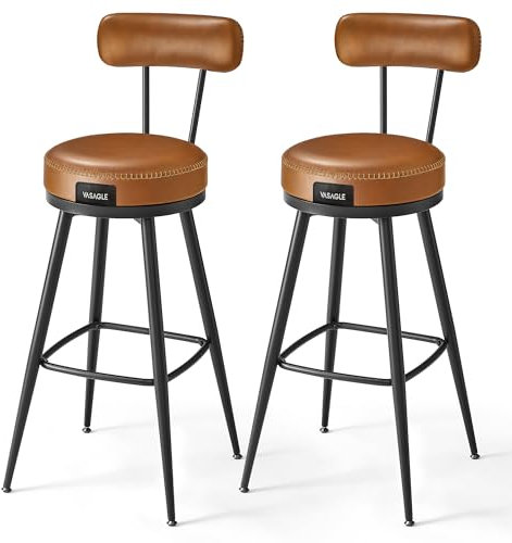 VASAGLE EKHO Kollektion - 360° drehbarer Barhocker, 2er Set, Hocker mit Rückenlehne für Bartisch, Kunstleder mit Nähten, Mid-Century-Modern-Stil, 76 cm hoch, Küche, Hausbar, karamellbraun LBC889K01