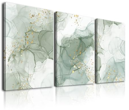 TWNSLLA Sage Green Wall Art, Set of 3 Abstract Green Gold Marble Beige Canvas Prints, Modern Framed Wall Decor for Living Room, Bathroom, Minimalist Home Decor
