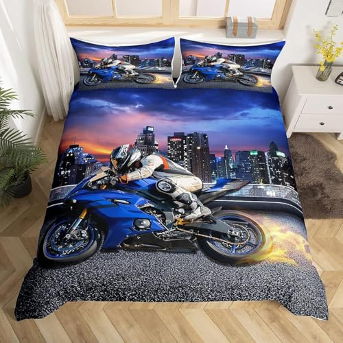 Homemissing Juego de ropa de cama individual con diseño de moto, diseño de motociclista, para niños, niños, deportes extremos, moderno, arquitectura urbana