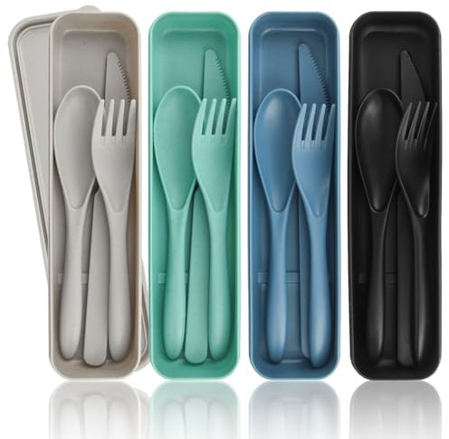 NVGVUP 4 Plastik Besteck Set, Mehrweg Reisebesteck mit Etui, Camping Besteck mit Löffel Messer Gabel, Tragbare Utensilien für Lunchbox, Kunststoff-Besteckset für Reisen, Picknick, Schule, Büro