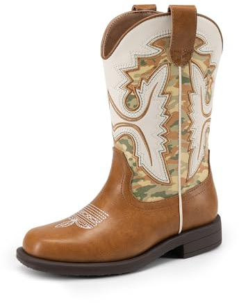DREAM PAIRS Botas Vaqueras para Niños y Niñas Botas de Montar con Punta Cuadrada Estilo Western, Camello/Camuflaje, 20.0 cm