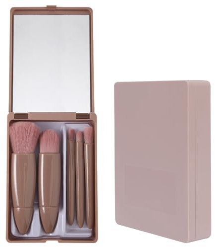 WOLMIK Set di pennelli da trucco da viaggio, 5 pezzi, mini pennelli da trucco completi con custodia e specchio, kit di pennelli da trucco portatili, per fondotinta, fard, ombretto e cipria, setole