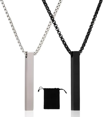 2 Pièces Collier Homm, Bar Pendentif Collier pour Hommes Femmes, Acier Inoxydable Argent Noir Pendentif, Chaine Collier pour Homme Femme Collier Couple Bijoux Chaine Homme Cadeau