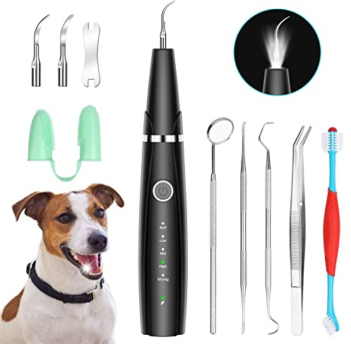 PWEZON Dog Teeth Cleaning Kit, 5-Mode LED Ultrasonic Tooth Cleaner for Dogs & Cats – Plaque & Tartar Remover, 32-40kHz Pet Dental Care with Toothbrush (Black)