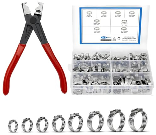 145 abrazaderas de manguera de acero inoxidable con pinzas de sujeción para manguera, acero inoxidable, 6-23,5 mm, 9 tamaños, kit de surtido de abrazaderas para manguera, para tuberías de agua