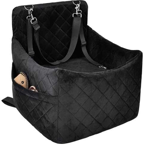 SANUODO Dog Car Seat for S/M Dogs, Memory Foam Dog Booster Car Seat Up to 35lbs, Detachable Washable Pet Travel Bed with Side Pockets and 2 Safety Belts, Easy to Install (Black)