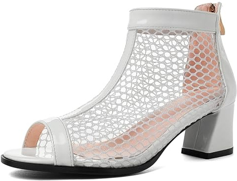 LarDorLin Femme Peep Toe Eté Bloc Mode Mesh Bottes Zip Mariage Elegant Chelsea Confort Ankle Bottines Blanc Taille 34 EU