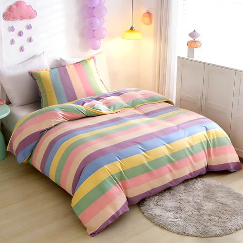Umllpet Sängkläder för barn, set 135 x 200, flickor sängkläder, barnsängkläder, flerfärgade, regnbågsränder, sängkläder med örngott, 80 x 80 cm, sovrum, presenter barn