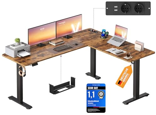VASAGLE Höhenverstellbarer Schreibtisch, 190 x 155 cm, L-förmiger Eckschreibtisch, Stehtisch, 2 AC-Steckdosen, 2 USB-A-Anschlüsse, Ablage für Steckdosenleiste, für Büro, vintagebraun LSD295KD01