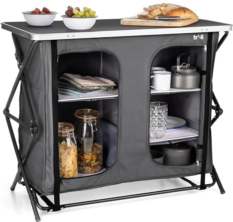 Trail Folding Double Camping Cupboard, 6 Adjustable Shelves, Grey | Portable Storage Cabinet, Clip-On Worktop, Water-Resistant Cover, Zipped Doors, Powder-Coated Steel Frame, Bag Included