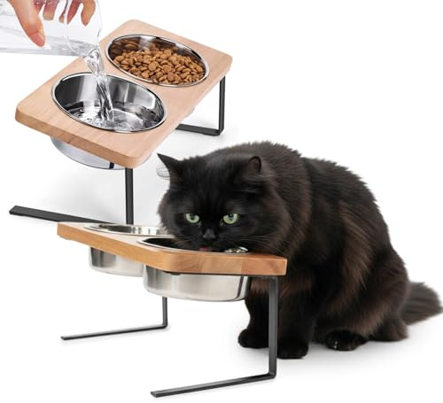 Avilia Ciotole Rialzate per Gatti e Cani 250ml – Set 2 Ciotole per Gatti in Acciaio Inox con Supporto Inclinato 15° in Bambù e Ferro, Ciotola Rialzata Ergonomica Lavastoviglie, Design Moderno
