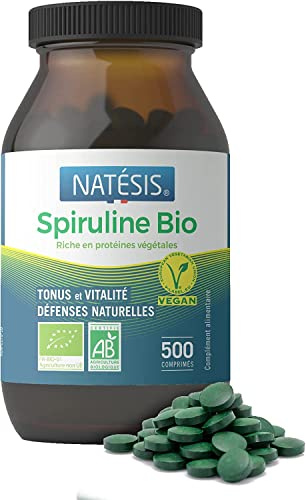 NATESIS — Spiruline Bio & Vegan — 500 comprimés — Riche en Protéines — Phycocyanine 16,5% — Sport, Contrôle du poids, Énergie, Immunité — Haute Qualité