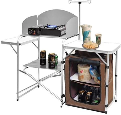 CampLand Folding Camping Kitchen Table with Windscreen,Portable Outdoor Cooking Station with Storage Cabinet & Side Tables Heavy Duty Camp Cook Station for Camping & BBQ（White）