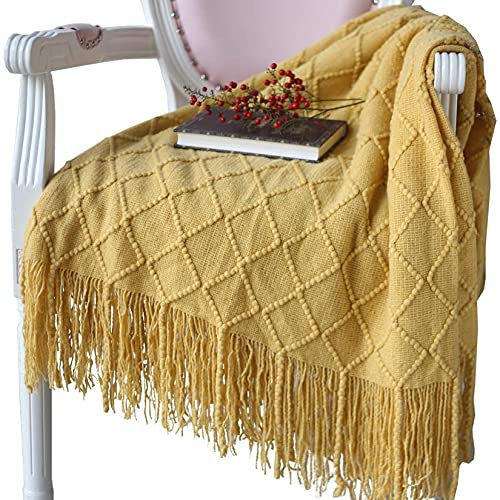 Hayisugal filt filt mjuk stickad ullfilt tofs gosig filt sovfilt gul, 125 x 210 cm