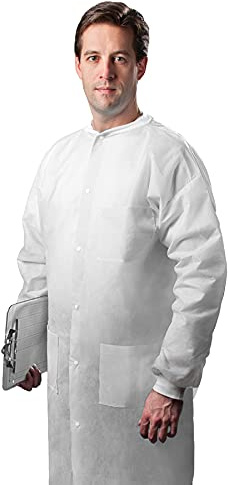 TRONEX Fluid-Resistant Multilayer Full-Length Disposable Lab Coats With Knitted Collar/Cuffs & 3 Pockets, Disposable White Lab Coat (30, Large)