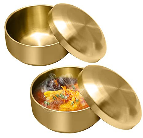 MDEOOSKY Schüsseln aus 304 Edelstahl mit Deckel, doppellagiges Verbrühungsschutz, goldfarbenes Metall, Reis-/Suppen-/Salat-/Nudelschale für Küche und Restaurant, 11,5 cm, 2 Stück