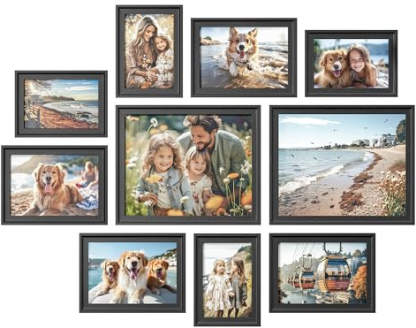 SONGMICS Picture Frames with 16 Mats, Set of 10 Collage Photo Frames, Two 8x10, Four 5x7, Four 4x6 Frames, Hanging or Table Display, Glass, 12 Non-Trace Nails, Ash Black URPF049B01