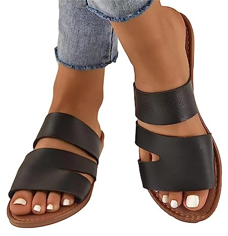 Lambo enkla slide-sandaler för kvinnor – platta gummisandaler för kvinnor – sommarfritidsskor att glida in med öppen tå, stor storlek att gå ut, bad och shopping