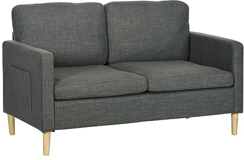 HOMCOM Canapé 2 Places Style Contemporain Pochettes sur Les accoudoirs Pieds en Bois revêtement Tissu Aspect Lin - Gris
