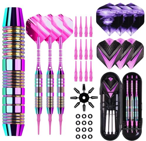 POFIBO Dardos con Punta de Plástico para Diana Electronica, Set de 3 Dardos Profesionales, 21g Dardos Blandos con 30 Puntas de Dardo de Plástico y Anillos de Goma