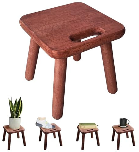 Yier Mei Handle Small Wooden Stool, Square Plant Stand Indoor Stool Small Side Table for House Plants, Kids Step Stool for Bedroom Bedside or Bathroom (Walnut Color,24cm)