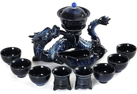 fanquare Halbautomatisches Teeset Drachen-Kungfu-Teeset Chinesisches Teeservice Blau 11-teiliges Traditionelles Teekannen-Tee-Tassen-Set Porzellan Teeservice Set für Erwachsene Geschenke