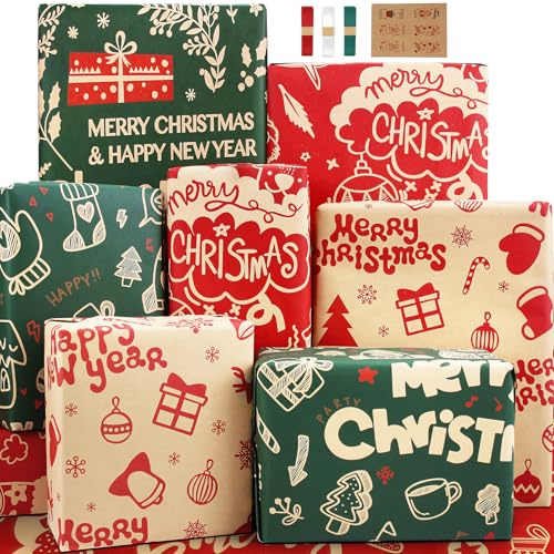 Carta Regalo Natale Set Donne ragazzo ragazza uomo,Carta Natalizia per Regali,Kraft Carta da Regalo Natale Verde Rossa,Carta da Regalo Natalizia,Carta da Pacco Natalizia Carta per Incartare Regali