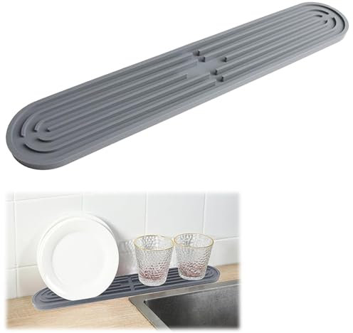 Tappetino Scolapiatti, Tappetino Scolapiatti Stretto, 43x8 cm, Silicone, Drenanti per Cucina, Design Salvaspazio, Per Bicchieri, Bottiglie, Taglieri, Grigio