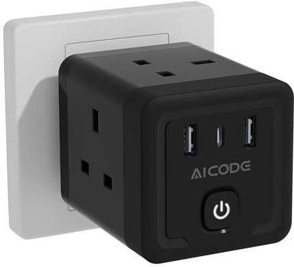 Multi Plug Adapter with 3 USB, AICODE 4 Way Multi Plug Extension with USB C,13A 3250W UK 3 Pin Cube Wall Socket with Switch,Wall Plug Extender Socket,Charger Block for Home Office,Black