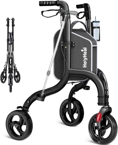 HolyHeal 3 Wheel Walkers for Seniors, Lightweight Rollator Walkers Foldable for Elderly with Cane Hold and Cup Hold, Height Adjustable Aluminum Three Wheel Rolling Walker Mobility Aid, Black